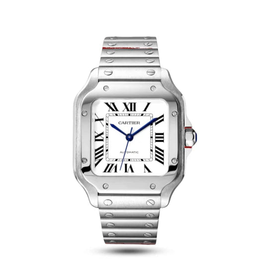 Cartier Santos acier inoxydable avec cadran blanc chiffres romains noirs et bracelet acier – Montre de luxe classique homme Maroc